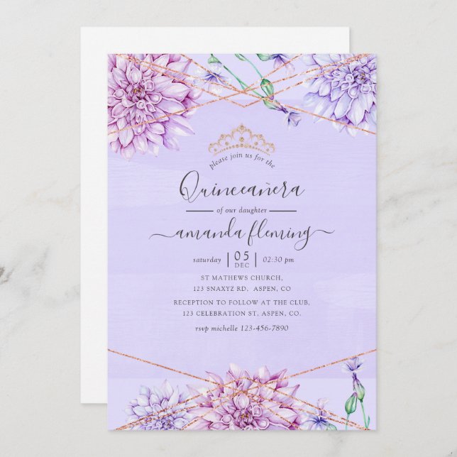 Lavender och Guld Blommigt Geometric Quinceañera Inbjudningar (Fram/baksida)