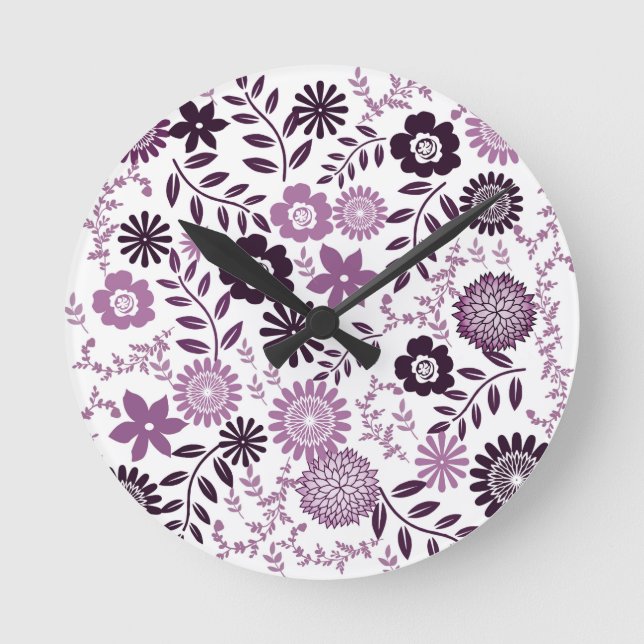 Lavender och mörk lila mönster blommigt rund klocka (Framsida)