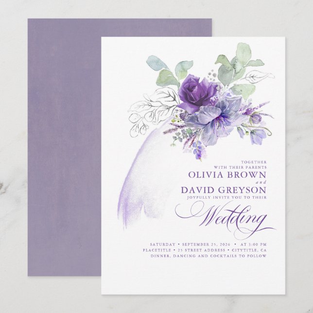 Lavender och Silver Elegant Modern Boho Bröllop Inbjudningar (Fram/baksida)