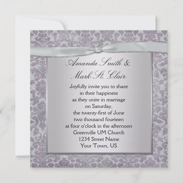 Lavender och Silver Grunge Damask Wedding Invitati Inbjudningar (Framsida)