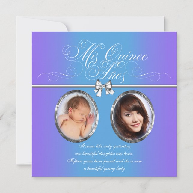 Lavender och Teal Blue Lila Photo Quinceanera Inbjudningar (Framsida)