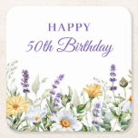 Lavender och Wildblommor Lycklig 50:e födelsedagen Underlägg Papper Kvadrat<br><div class="desc">Ett underbart vår-tema för milstolpe eller vilket år som helst pappra blöjor. Bakgrunden har blandade vattenfärgblommor och grönt på vitt. De viktigaste färgerna är vit, grönt, lila och gyllene gult. Teckensnittet färg är inställt på att matcha lila lavender. Om du överför den här designen kan du ändra det storleka teckensnittet...</div>