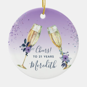 Lavender Ombre Teal Champagne Toast 21:a födelseda Julgransprydnad Keramik