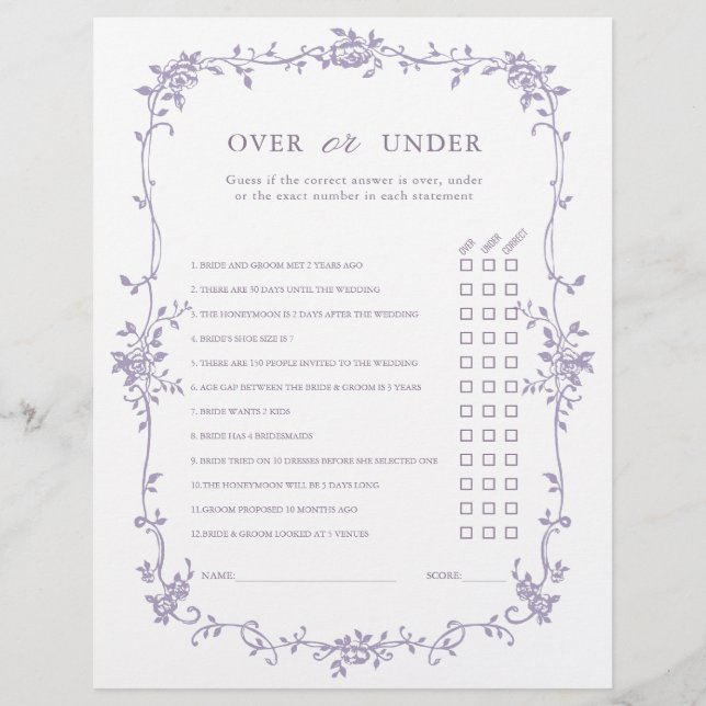 Lavender 'Over or Under' Bridal Shower Game (Framsida)