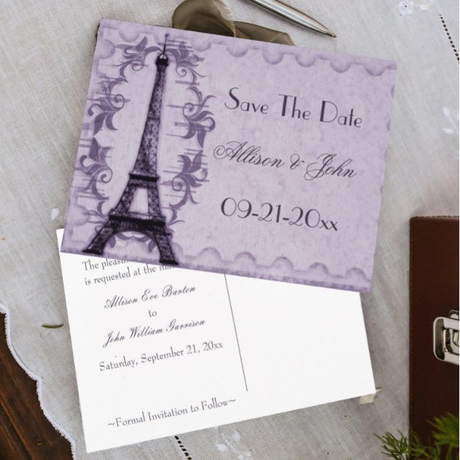 Lavender Paris Grunge Spara vykortet för datum Meddelande Vykort (Lavender Paris Grunge Wedding Save the Date)