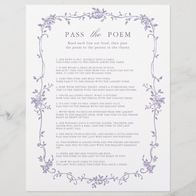 Lavender 'Pass the Poem' Bridal Shower Game (Framsida)