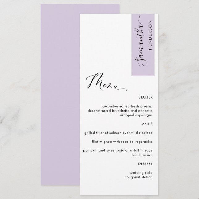Lavender-Personlig med Elegant-menyn för gäst Namn (Fram/baksida)