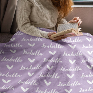 Lavender Personlig Namn Blanket med Hearts Fleecefilt