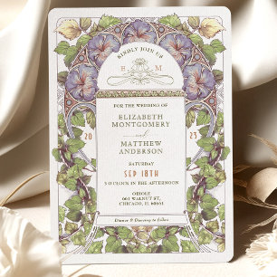 Lavender Petunia Vintage bröllop Art nouveau Mucha Inbjudningar