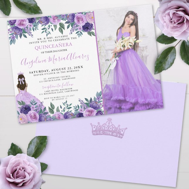 Lavender Photo Blommigt Lila Quinceanera Inbjudningar (Lavender Photo Floral Purple Quinceanera Invitation )