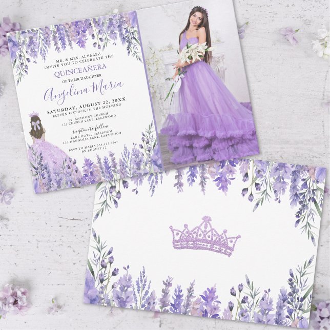 Lavender Photo Lila Blommigt Quinceañera Inbjudningar (Lavender Photo Purple Floral Quinceañera Invitation)