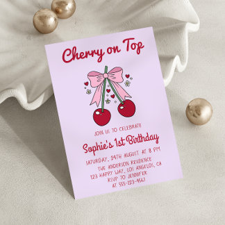 Lavender Pink Bow Cherry on Top 1st Birthday Inbjudningar