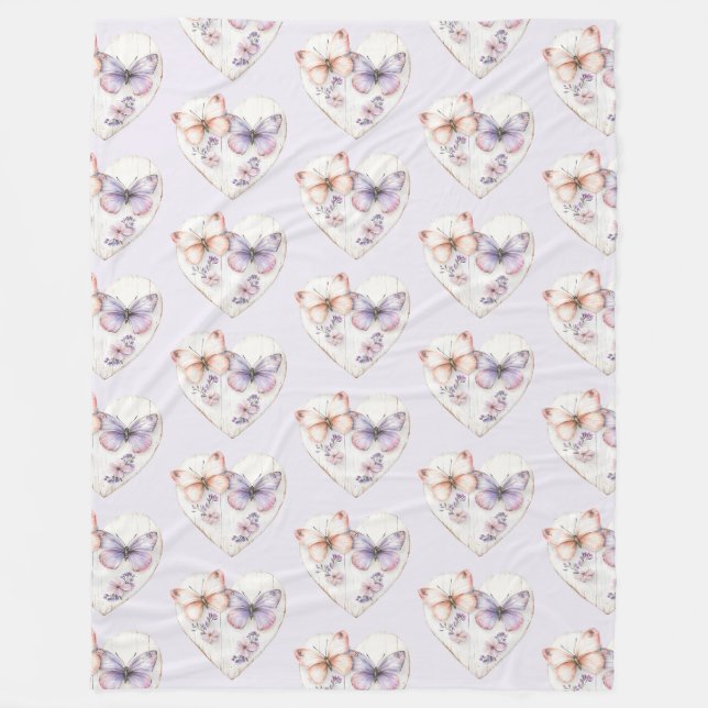 Lavender Pink Floral Heart Butterflies Birthday Fleecefilt (Framsidan)