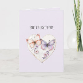 Lavender Pink Floral Heart Butterflies Birthday Kort