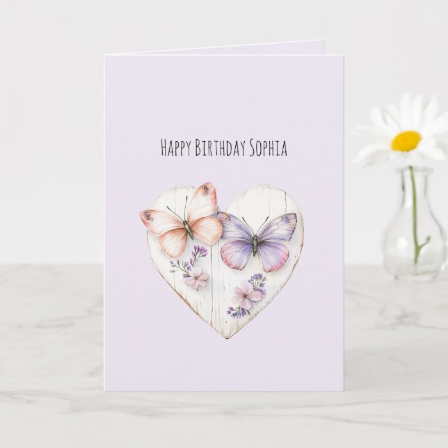 Lavender Pink Floral Heart Butterflies Birthday Kort (Liten växt)