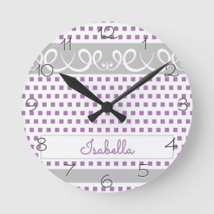 Lavender Polka Dots With Swirls Girly Nursery Rund Klocka