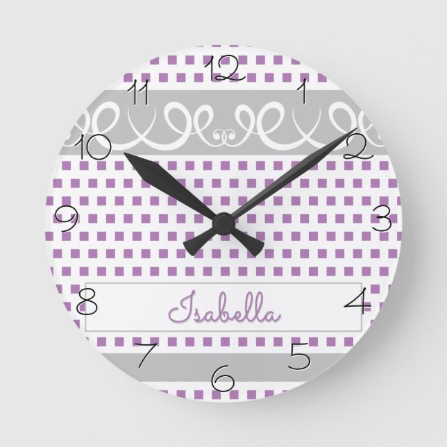 Lavender Polka Dots With Swirls Girly Nursery Rund Klocka (Framsida)