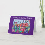Lavender Poppies Sister Birthday Flower Watercolor Kort<br><div class="desc">Njut av en glatt trädgårdsmålning på ett födelsedagskort till din syster. Perfekt för blomman älskare och fläkt av . Skapat med färgrika vallmo,  vild ro och lavender,  visar kreativet stil en glad och söt trädgård...  Blommor av abstrakt är designade med vackra röda nyanser,  ro,  blåblommor och lila.</div>