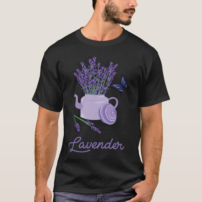 Lavender Pot Vase Butterfly  Beautiful Flower T Shirt (Framsida)