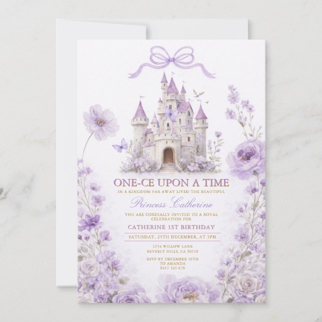 Lavender Princess Castle Birthday Invitation Inbjudningar (Framsida)