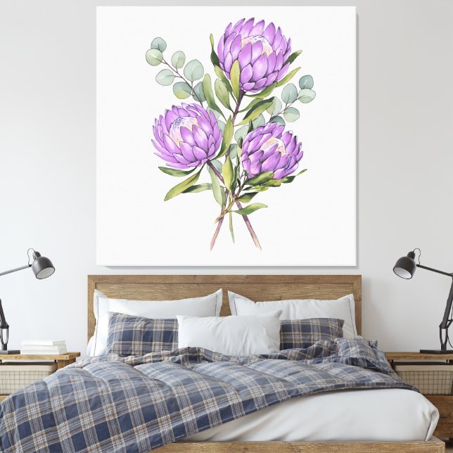 Lavender Protea Botanical Watercolor Canvastryck (Insitu (sovrum))
