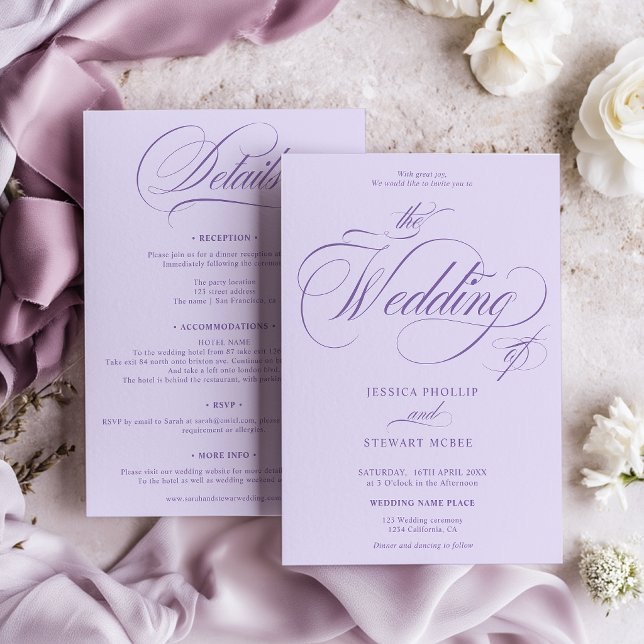 Lavender Purple all in one calligraphy wedding  Inbjudningar (Lavender Purple all in one calligraphy wedding Invitation)