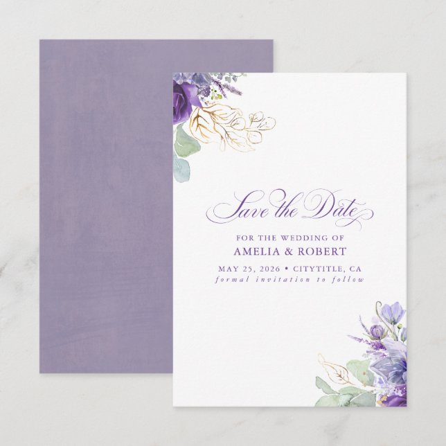 Lavender Purple Botanical Elegant Save the Date Spara Datumet (Fram/baksida)