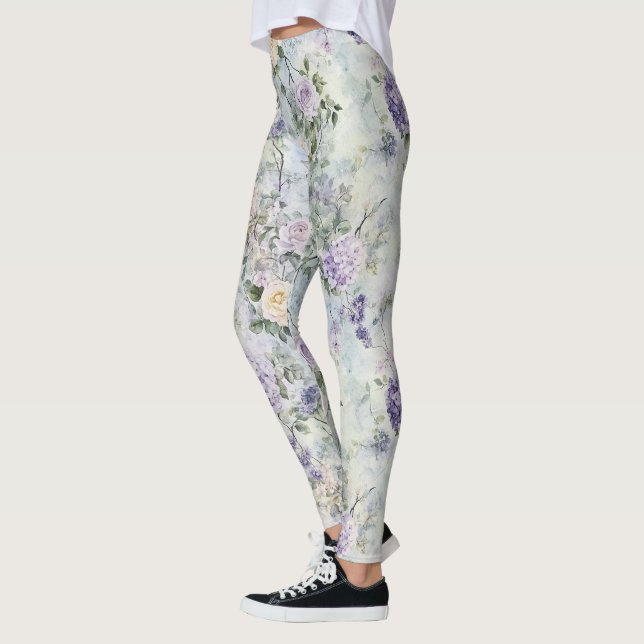 Lavender Purple Cream Romantic Floral Leggings (Vänster)
