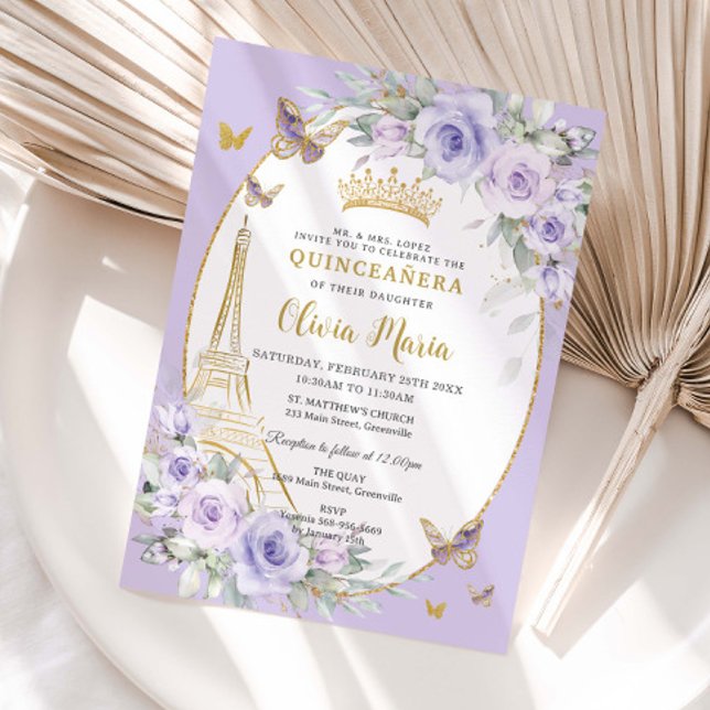 Lavender Purple Floral Butterflies Quinceañera 16 Inbjudningar (pastel-soft-lavender-purple-lilac-floral-flowers-butterflies-gold-eiffel-tower-paris-france-invite)