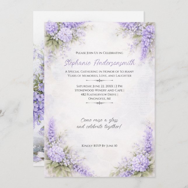 Lavender Purple Floral Clusters Birthday Party | Inbjudningar (Fram/baksida)