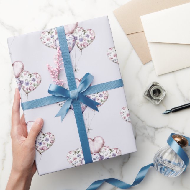 Lavender Purple Floral Heart Balloons Valentine Presentpapper (Gifting)