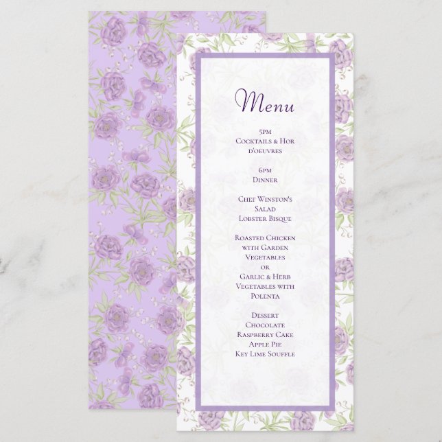 Lavender Purple Rose Wedding Menus Meny (Fram/baksida)