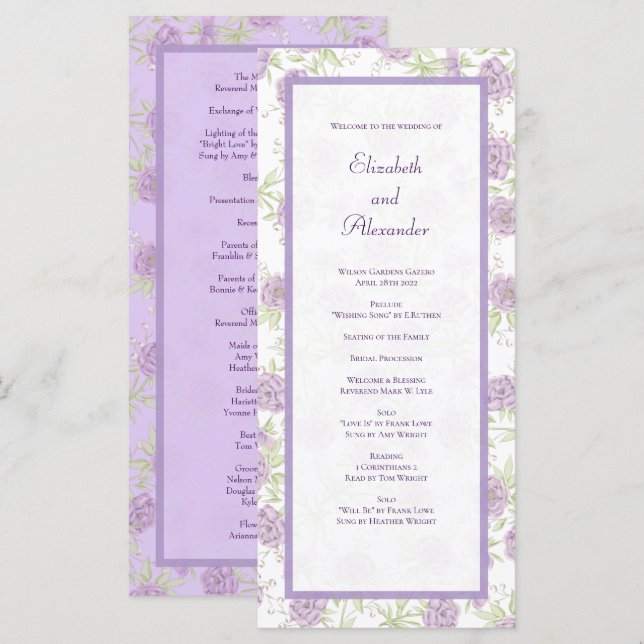 Lavender Purple Rose Wedding Programs Meny (Fram/baksida)