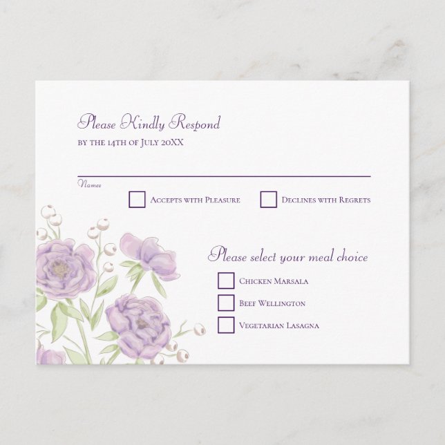 Lavender Purple Rose Wedding RSVP Reply Helg Vykort (Framsida)