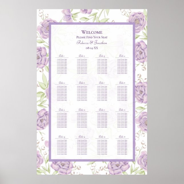 Lavender Purple Rose Wedding Seating Chart Poster (Framsidan)