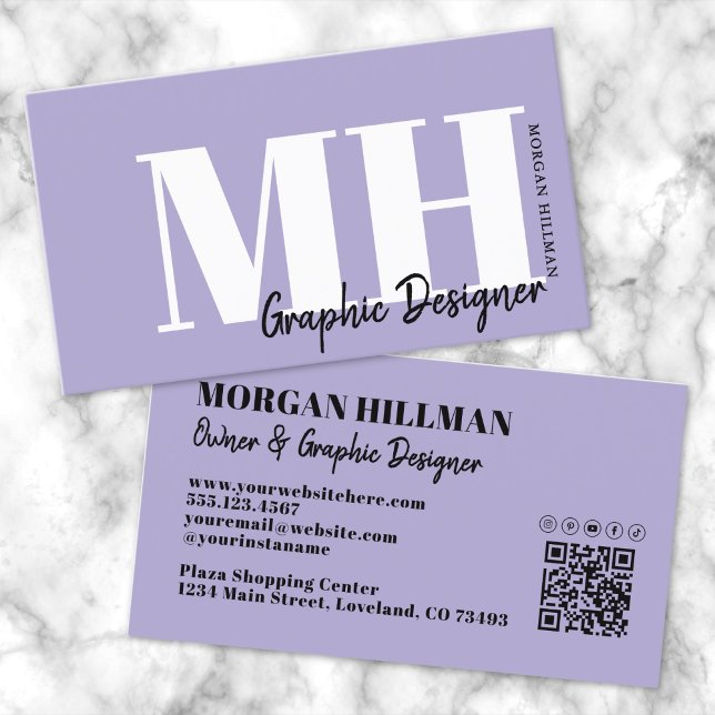 Lavender QR Lila Monogram Visitkort (Lavender QR Code Purple Monogram Business Card )