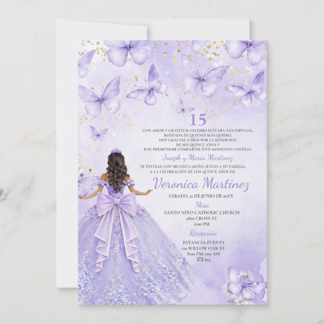 Lavender Quinceañera Invitation with Butterflies Inbjudningar (Framsida)