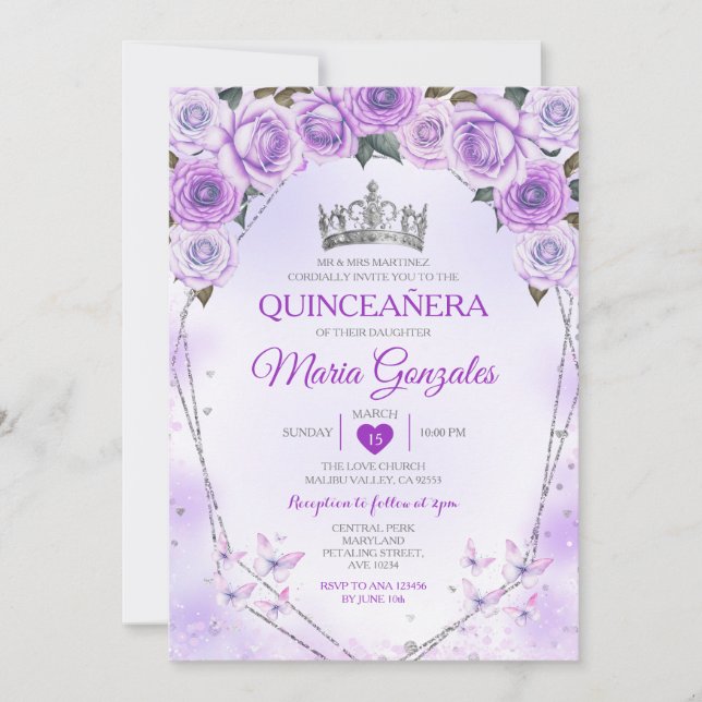 Lavender Quinceañera Krona 15 Anos Butterfly Inbjudningar (Framsida)