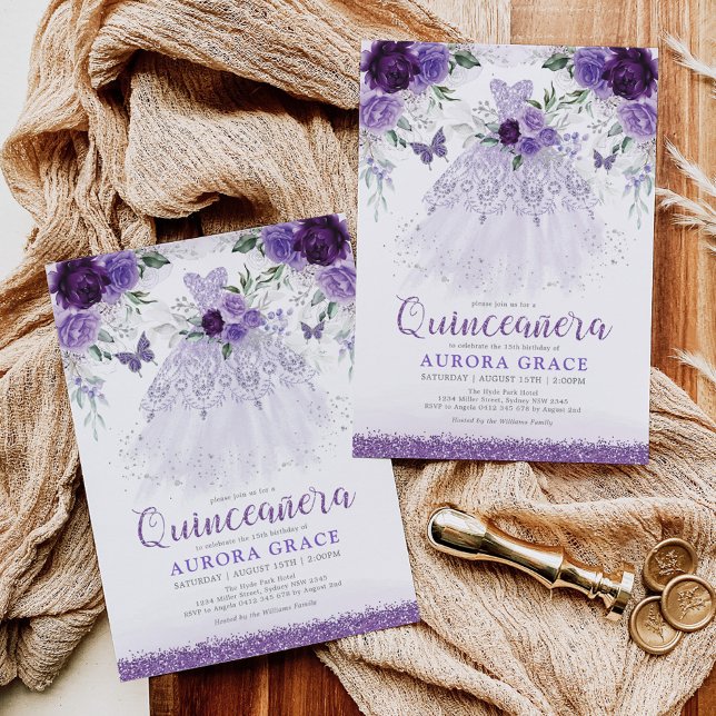 Lavender Quinceañera Princess Dress Butterflies Inbjudningar (Skapare uppladdad)