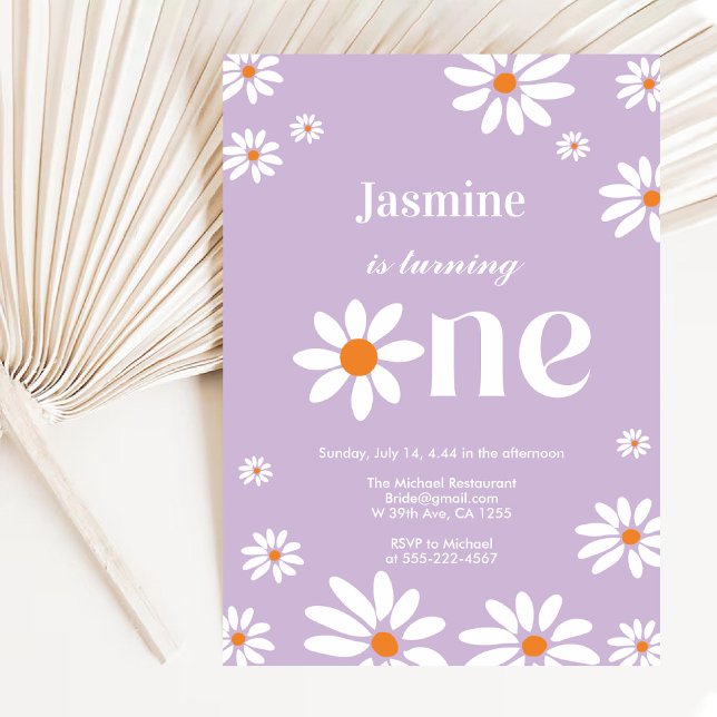 Lavender Retro Groovy Daisy Blommigt 1:a födelseda Inbjudningar (Lavender Retro Groovy Daisy Florals 1st Birthday Invitation)