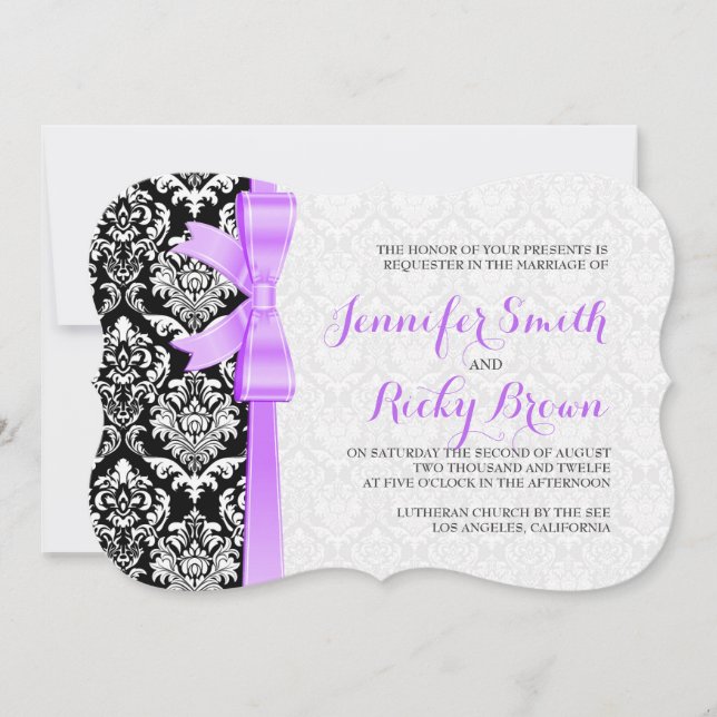 Lavender Ribbon Black and White Damasks Bröllop Inbjudningar (Framsida)