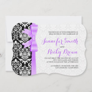Lavender Ribbon Black and White Damasks Bröllop Inbjudningar