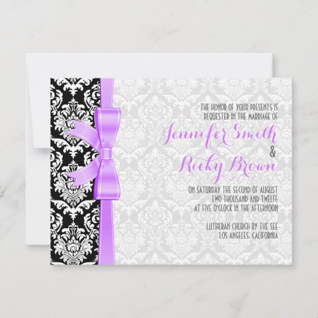 Lavender Ribbon Black and White Damasks Bröllop Inbjudningar (Framsida)