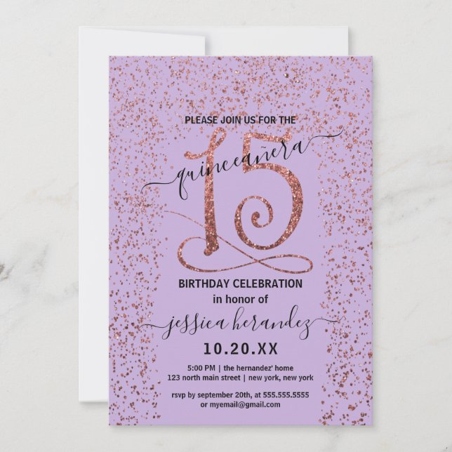Lavender Ro Guld Confetti Gräns Quinceañera Inbjudningar (Framsida)
