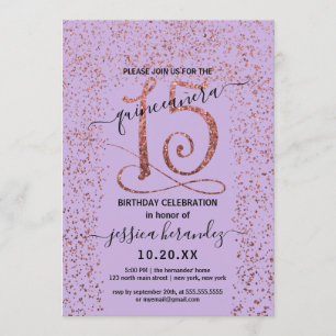 Lavender Ro Guld Confetti Gräns Quinceañera Inbjudningar