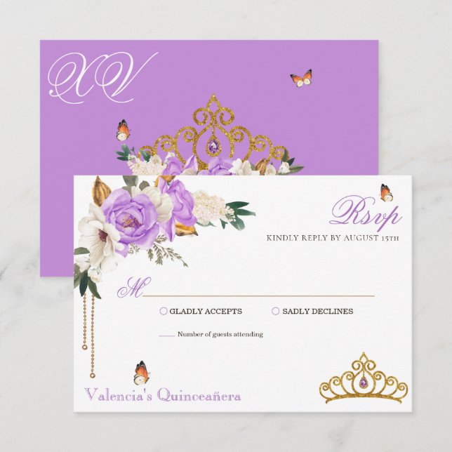 Lavender Ro Guld Gemstone Tiara Quinceanera OSA Kort (Fram/baksida)