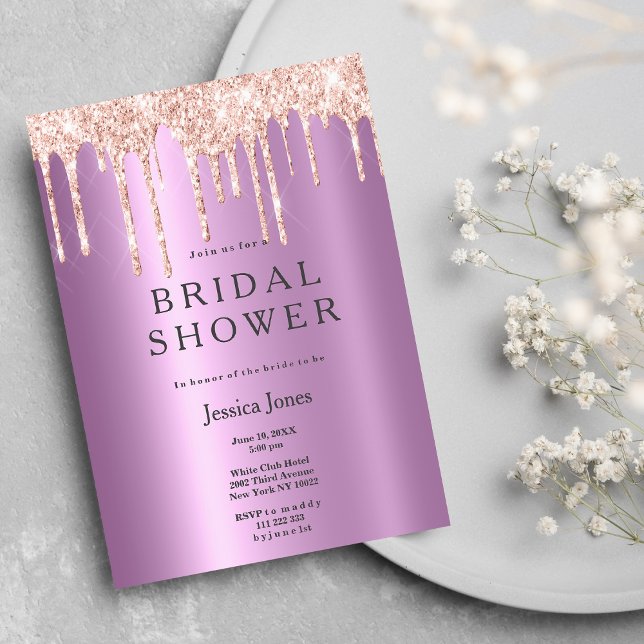 Lavender ro guld glitter droppar Möhippa Inbjudningar (Lavender rose gold glitter drips Bridal Shower )