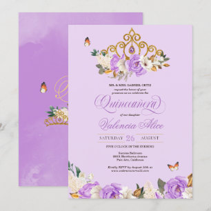 Lavender Ro Guld Princess Butterfly Quinceañera Inbjudningar