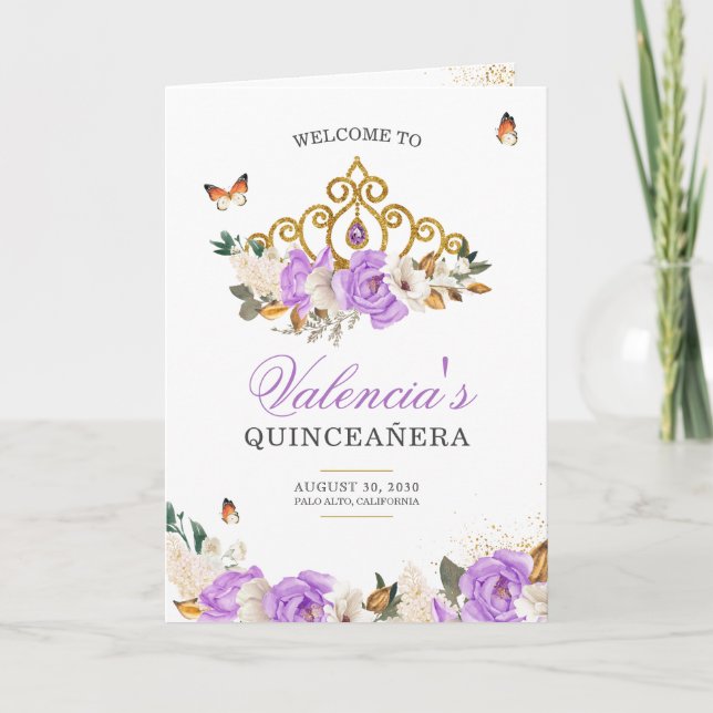 Lavender Ro Guld Tiara Butterfly Quinceanera Program (Framsida)