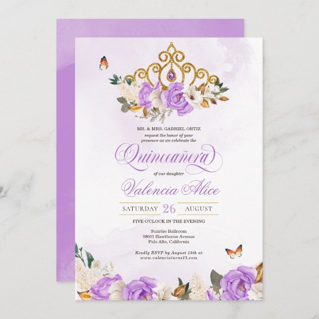 Lavender Ro Guld Tiara Lila Butterfly Quince Inbjudningar (Fram/baksida)